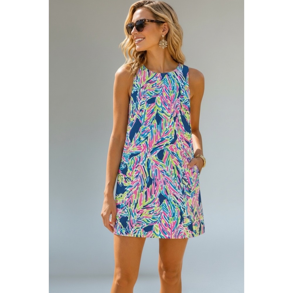 Lilly Pulitzer Cathy Shift Dress Indigo Palm Reader Tropical Print Size 6 Resort